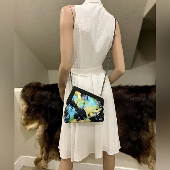 Handmade Genuine Premium Leather Tie-dye Printed Wooden Frame Bag with 2 Chains - Picture 9 of 16